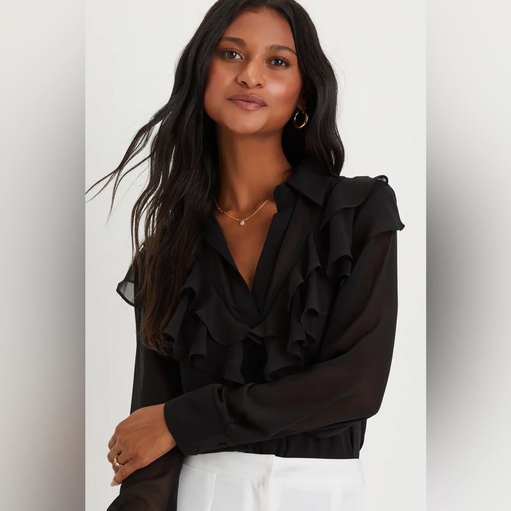 LULUS | Decadent Attitude Black Chiffon Ruffled Button-Front Top